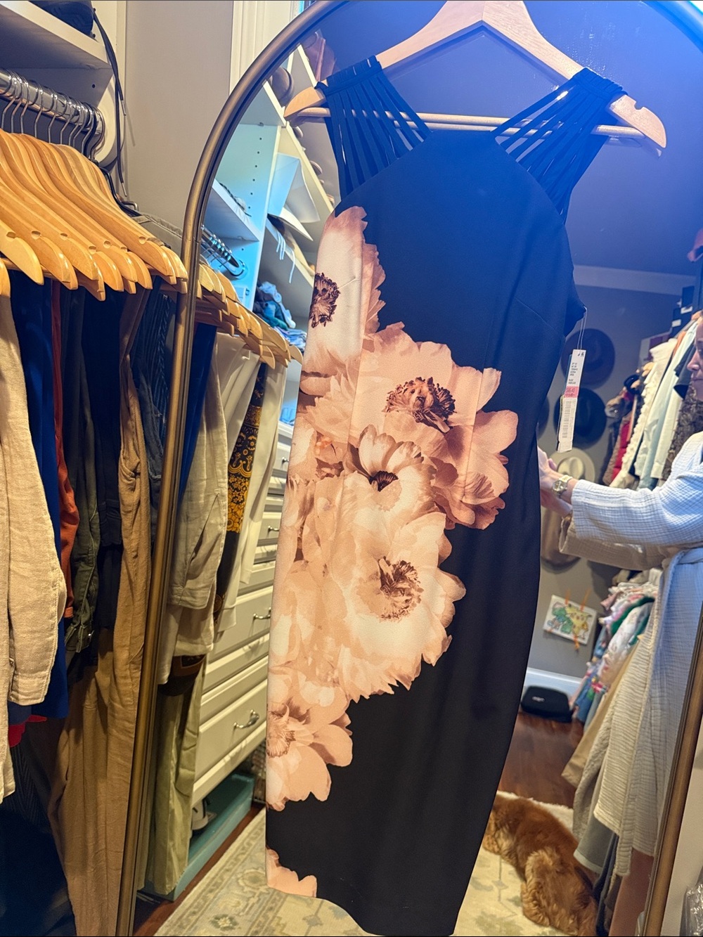ANTONIO MELANI Black Midi Dress with Blush Floral Print